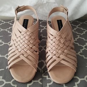 Adorable Nude Leather strappy wedge sandals